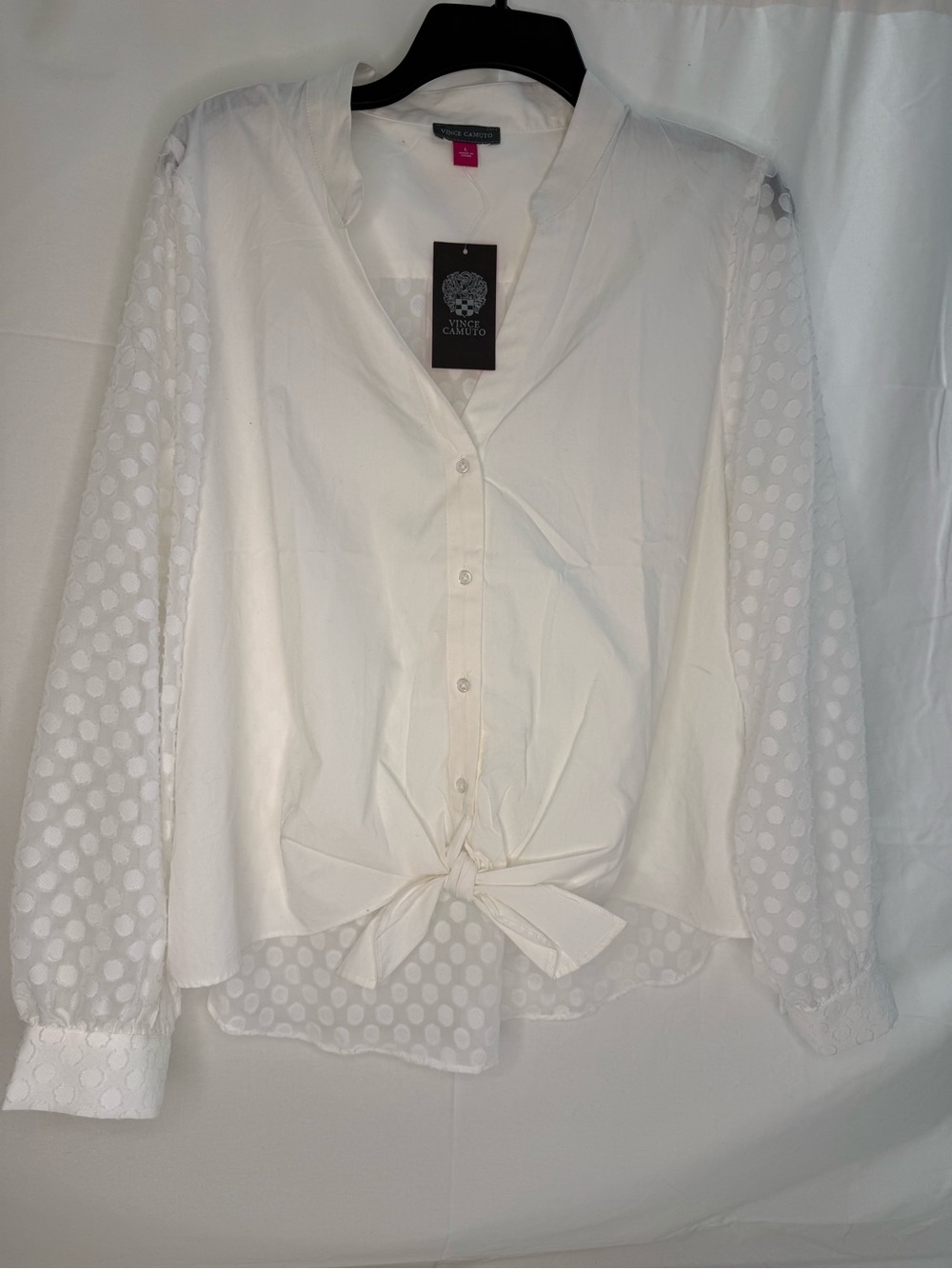 Vince Camuto White Polka Dot Chiffon V-Neck Tie-Front Blouse Long Sleeve L